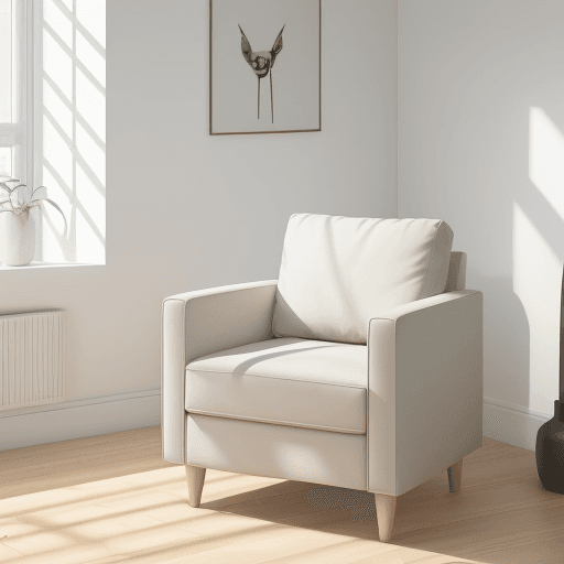 AI generated: zoom on a cute stylish armchair on the corner of living room, natural light, minimalist decor, neutr...