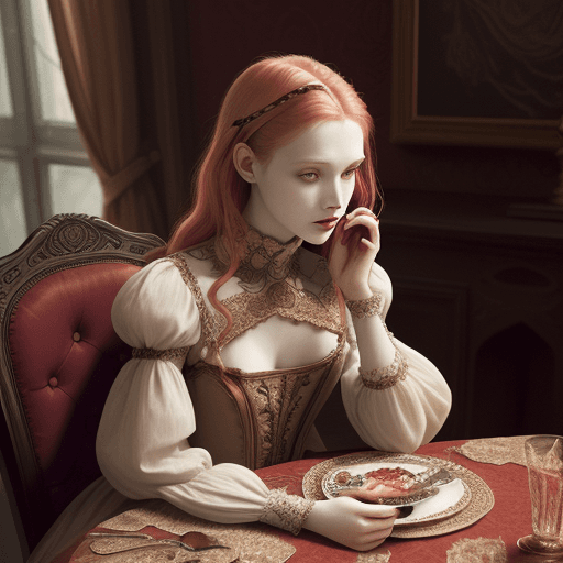 AI generated: a woman sitting at a table , by Valerie Petts, tumblr, intricate fantasy dress, redish tones, offici...