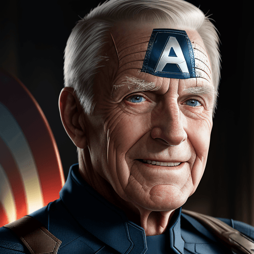 AI generated: photograph close up portrait 85-year-old Captain America, clean shaven, kindly smiling at camera, st...