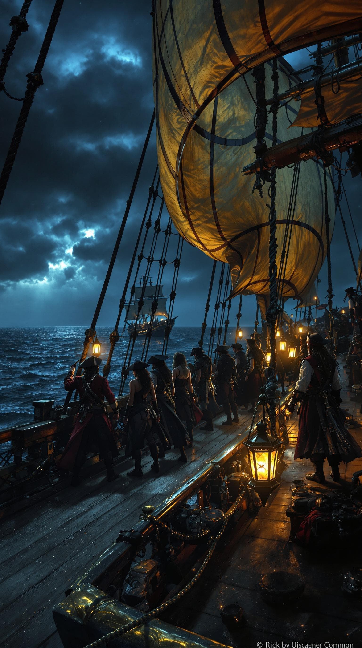 AI generated: A night time shot out on a stormy sea on an elaborate 1800s Spanish sailing treasure ship full of ma...