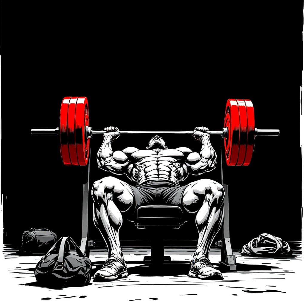 AI generated: comic book cover, a bodybuilder bench-pressing, red weights, glorious clear details, gym bag on floo...
