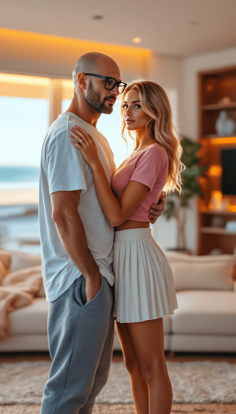 AI generated: Hyper-realistic image of a man (Mike) and a woman (Ana) huging, in the living room of a modern beach...