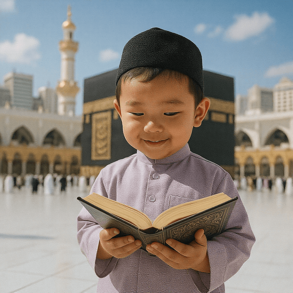 AI generated: Buatkan image seorang anak laki laki lucu,menggunakan pakaian islami,memegang al quran,back ground k...