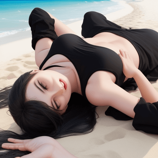AI generated: create a really hot women at the beach lying down wearing black clothing