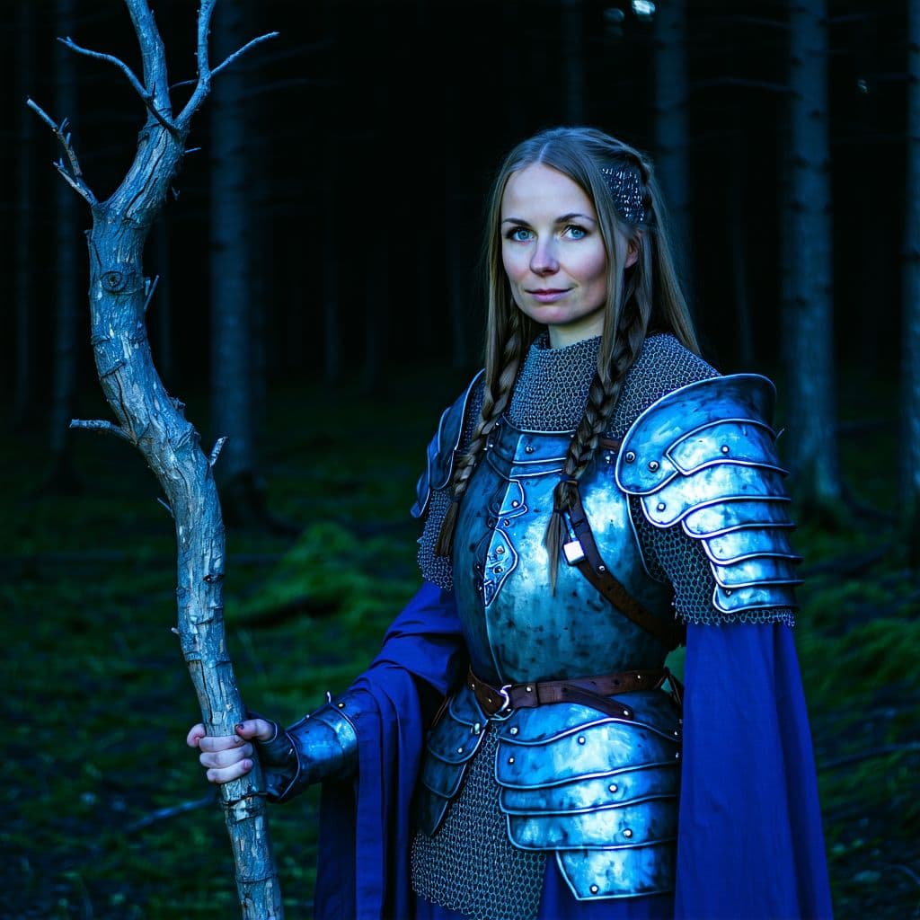 AI generated: A Nordic female witch, dressed in a medieval warrior costume, blue metal armor, in the middle of the...