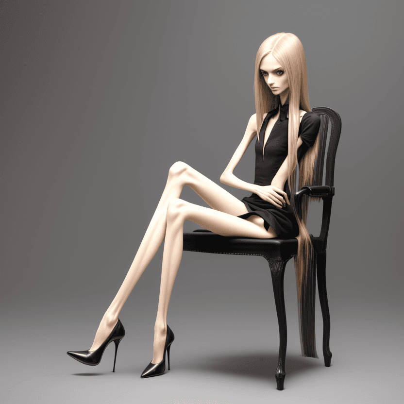 AI generated: very skinny anorexic legs  in high heels, high heels, sitting, the tips of the shoes are very long t...
