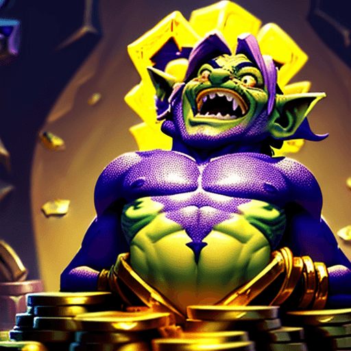 AI generated: Hearthstone card art style, a male goblin is laying, top down chest towards the sky,  on piles of go...