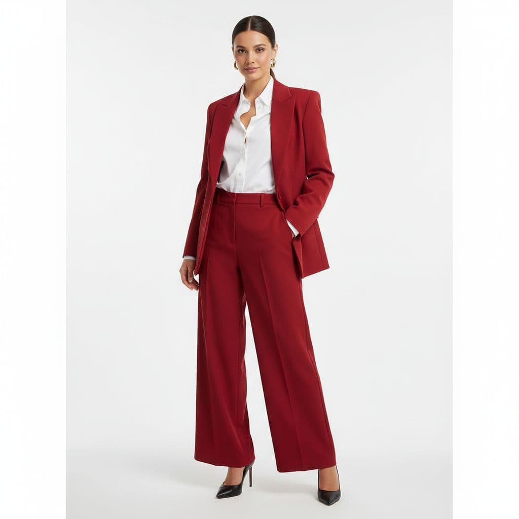 AI generated: a red siute black trousers and white shirt female outfit on a white background 