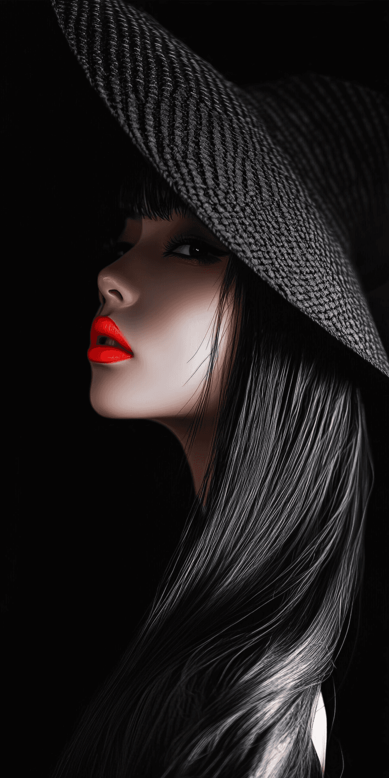AI generated: Black and white, hyper-realistic, beautiful Japanese woman with orange lipstick wearing a black hat,...