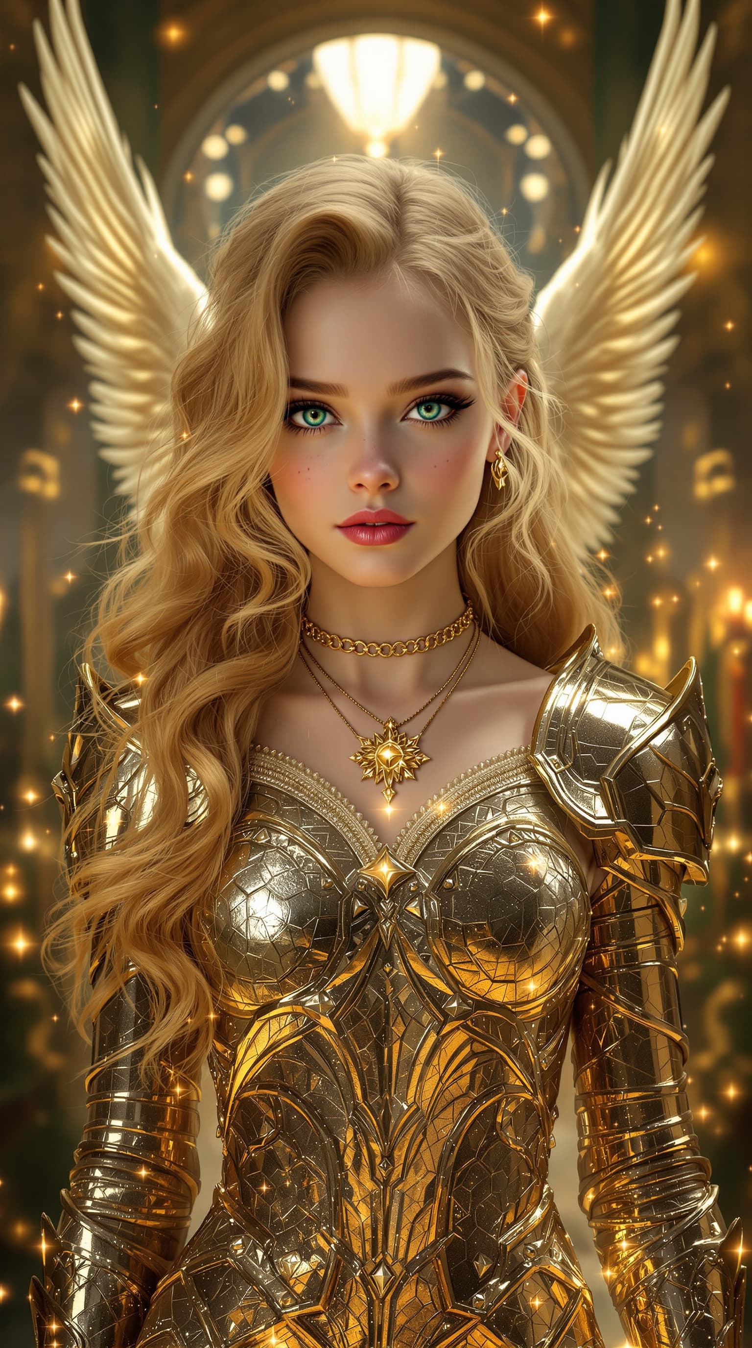 AI generated: A masterful hyper-realistic depiction of Elle Fanning as the Guardian Angel, radiating ethereal beau...