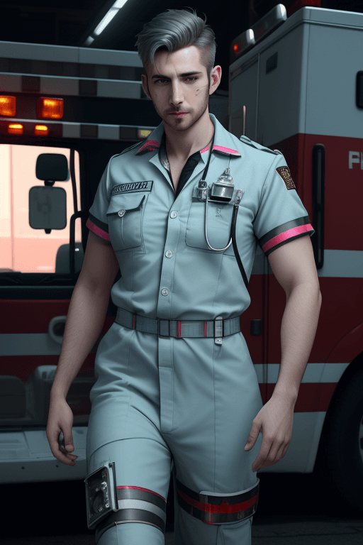 AI generated: male dressed as paramedic, gorgeous, flirting, attractive, ambulance in background, (((full body vis...