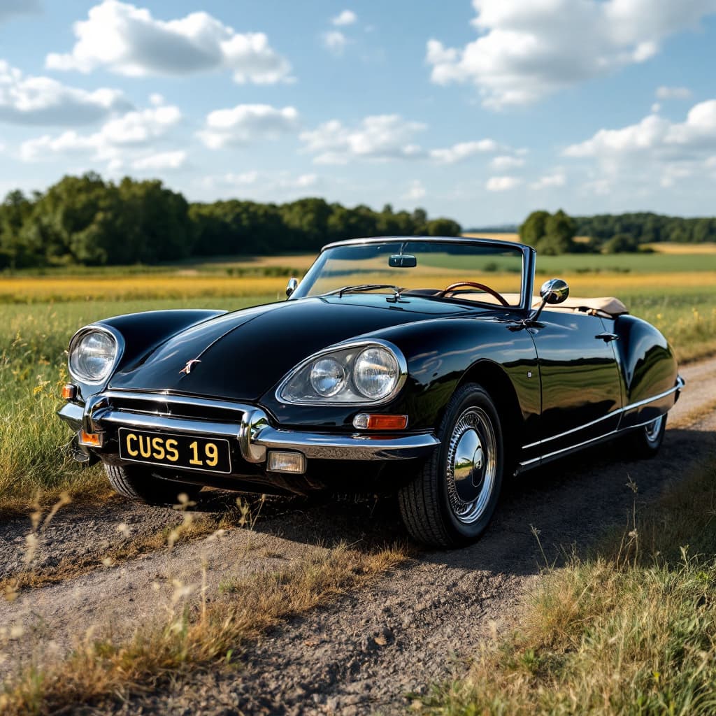 AI generated: gorgeous lady driving ,the Citroën DS 19 black Convertible, in the countryside, 