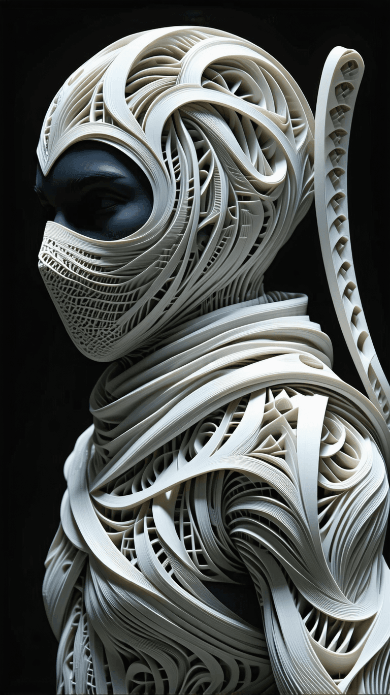 AI generated: By Michelngelo, tessellating ninja sculpture:2, optical illusion, intricate pattern, mathematical pr...