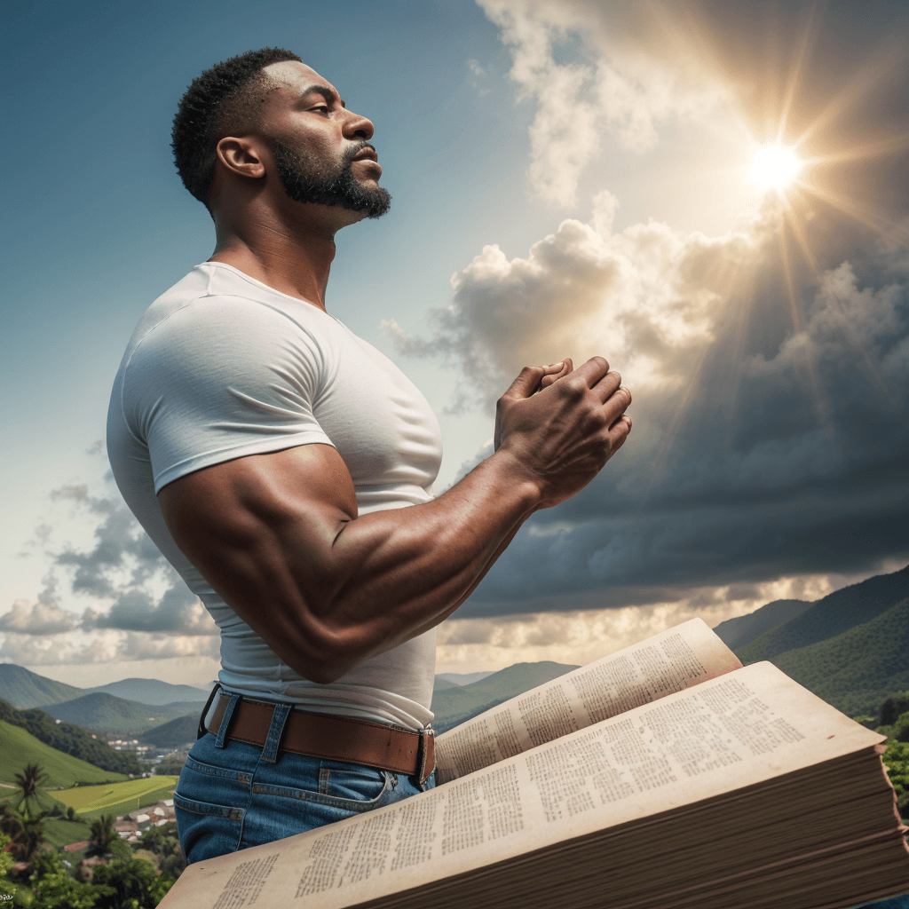 AI generated: A photorealistic illustration of a muscular, medium-built Caribbean man in his early 50s, side view ...
