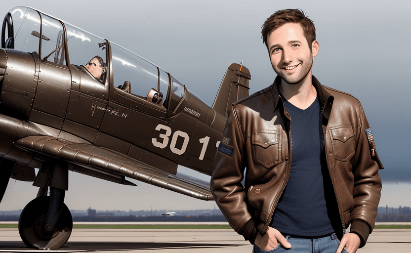AI generated: Shot 3/4, photograph of a smiling 30-year-old man, wearing a leather pilot's jacket and shirt, short...