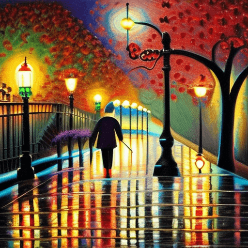 AI generated:  The viewer is presented hope, n oil-on-canvas cityscape, skillfully capturing a couple's nocturnal ...