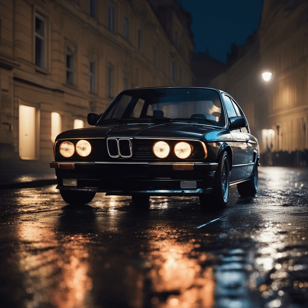 AI generated: Night-time Prague lights up as we cruise through the city in our BMW E30