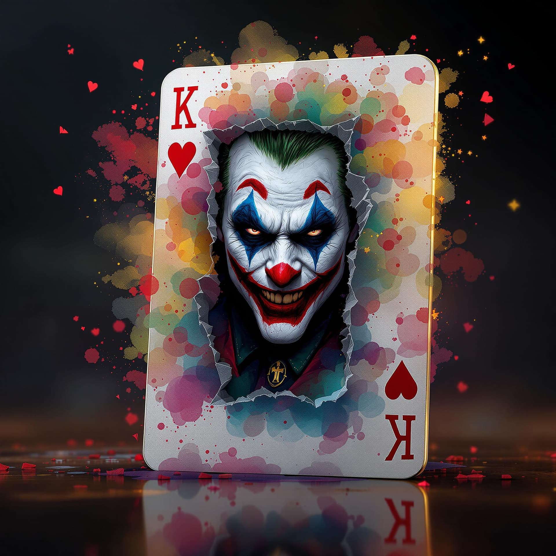 AI generated: a realistic joker playing card with the Joker character's image is coming out the frame of the card,...