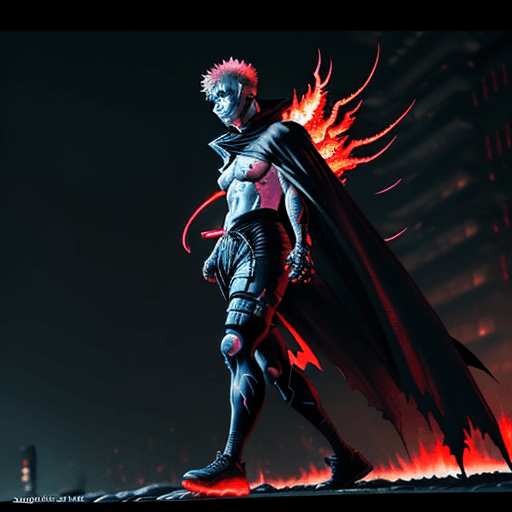 AI generated: Gojo jujutsu kaisen, BEAUTIFUL DEVIL FROM HELL , CAPE OF FIRE, perfect proportion, Cyberpunk Edgerun...