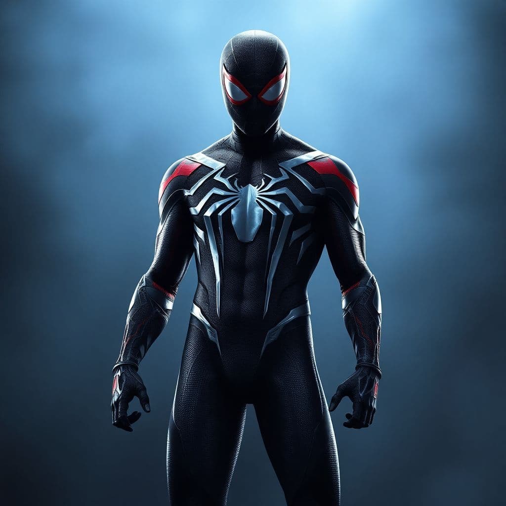 AI generated: a full body shot of spiderman in his black suit from the comics character concept art by Roberto Fer...