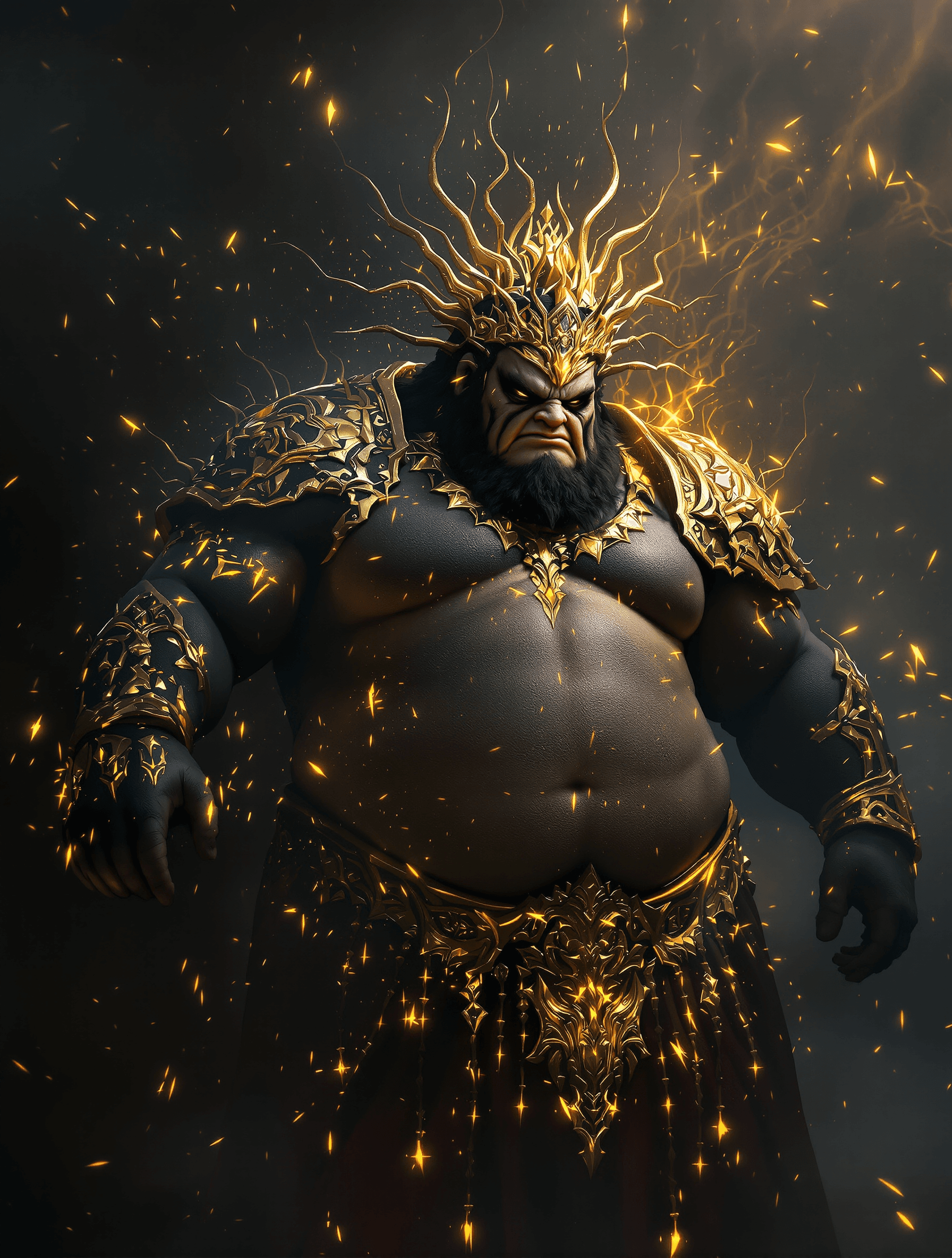 AI generated: He is the demigod Anqalaxo the Ugly, the Dictator, the Magnificently Obese, with black and gold glow...