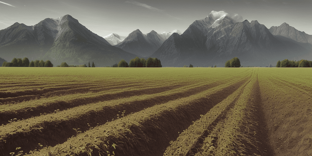 AI generated: flast style a sown field with trenches against the mountains  