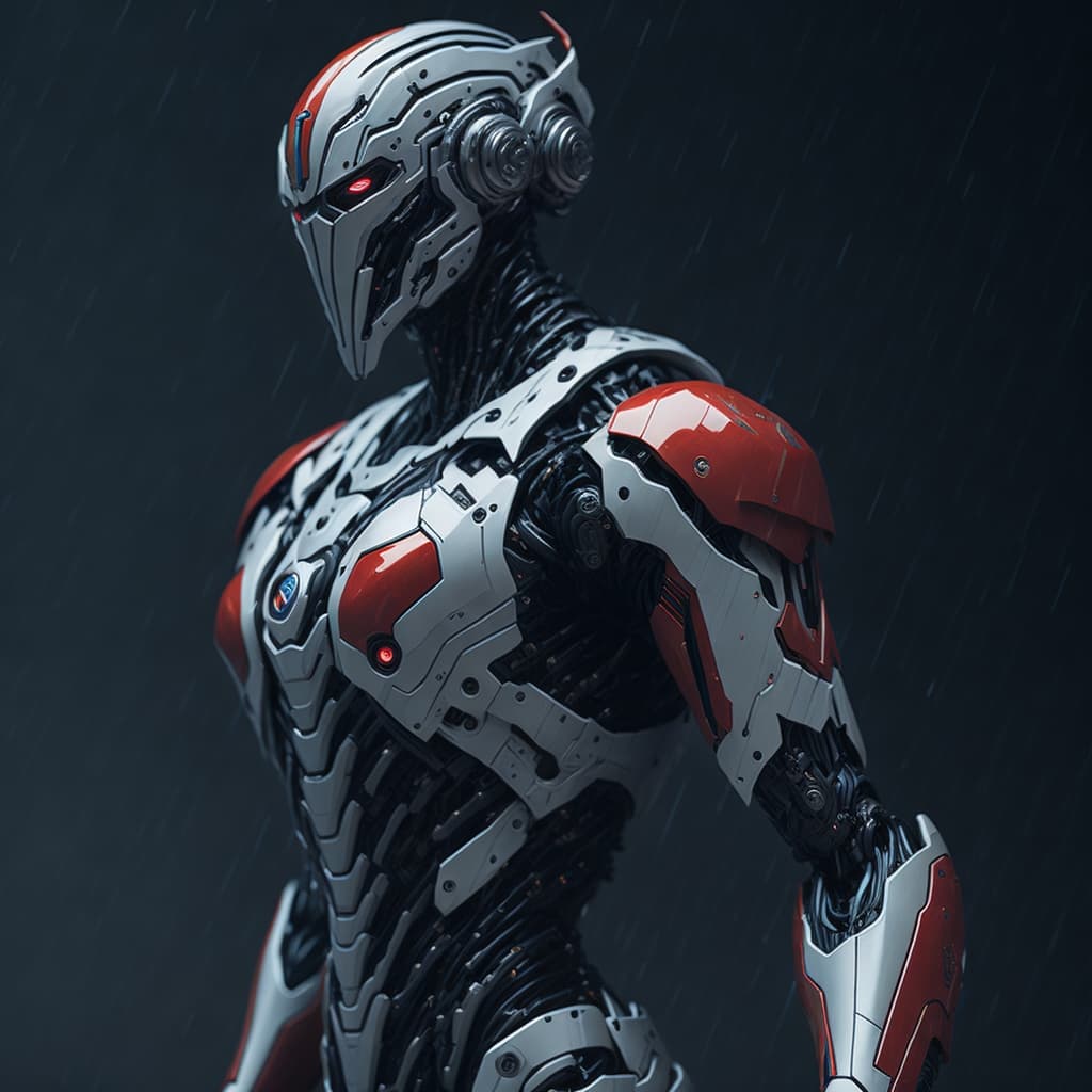 AI generated:  a close-up of a humanoid robot,in suit of armor,design is sleek and modern,red and white accents,gr...
