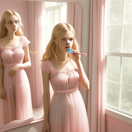 AI generated: blond woman in pink dress brushing teeth in front of mirror, pink dress, translucent dress, dressed ...