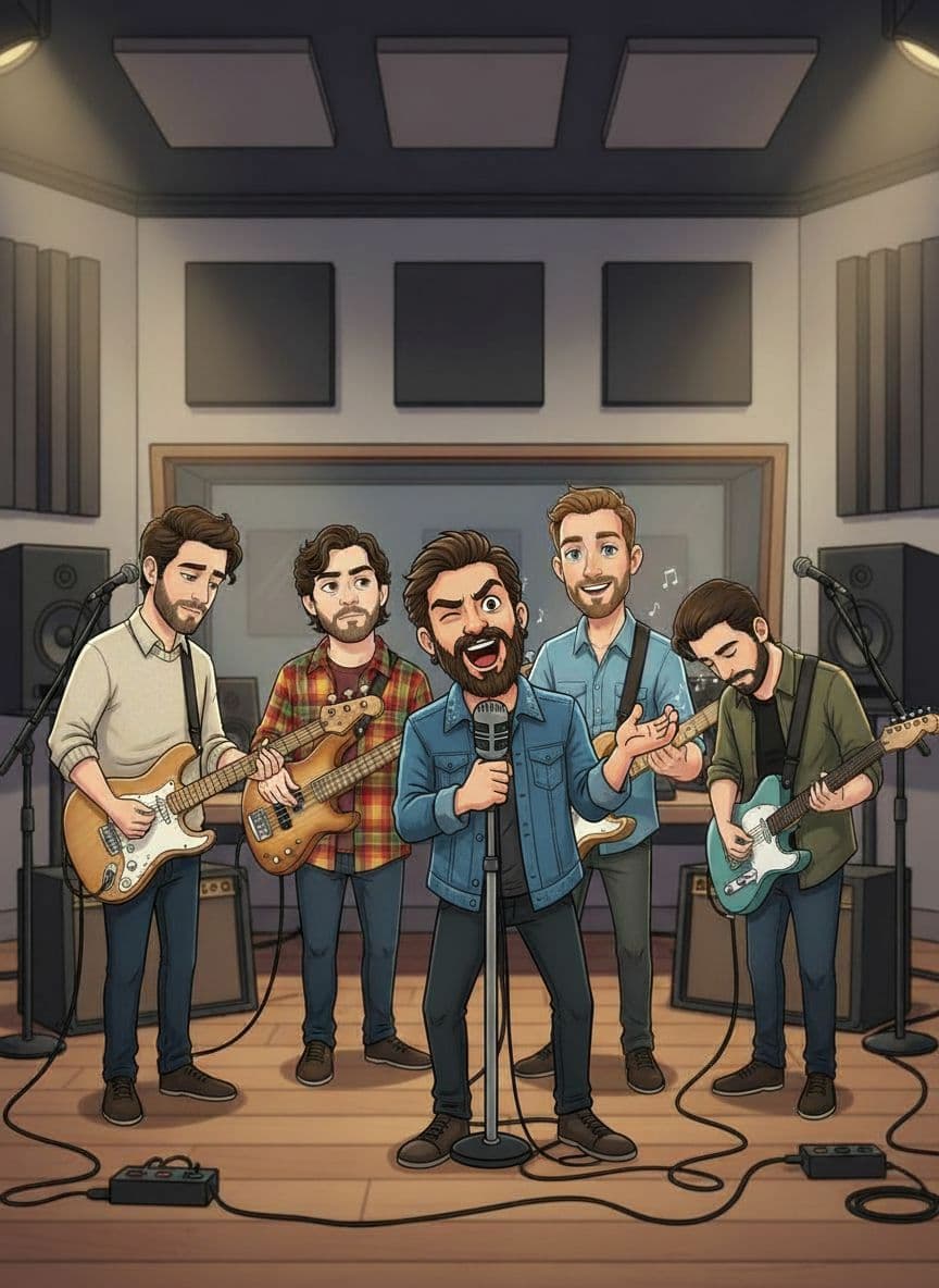 AI generated: "Add the new character from the input image to the existing group illustration as the LEAD SINGER.
...
