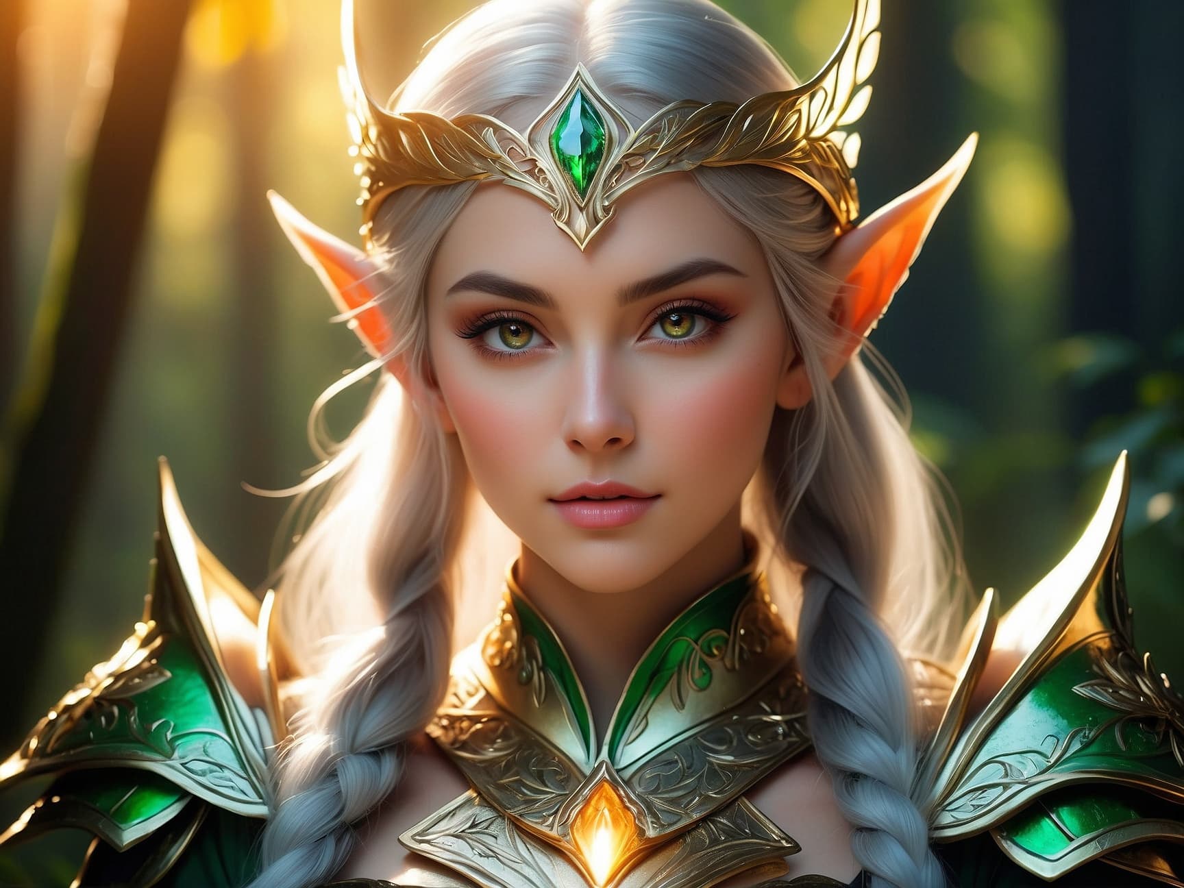 AI generated: Fantasy portrait, ultra detailed photograph of elf woman wearing elf armor with, deep shiny forest o...