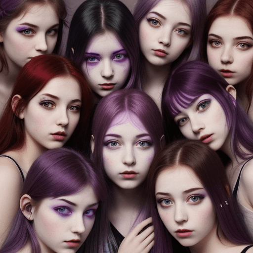 AI generated: 12 girls with violet hair and red eyes with a divine appereance