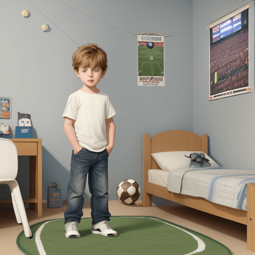 AI generated: Cute, little boy with blond hair, in his room, looking at the poster on the wall with famous footbal...
