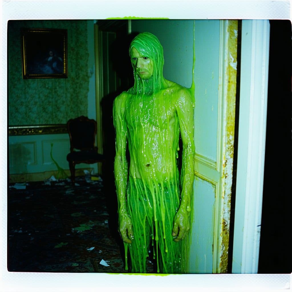 AI generated: grainy 80's photograph quality polaroid of king slime suicide caught in an abandoned house, dark