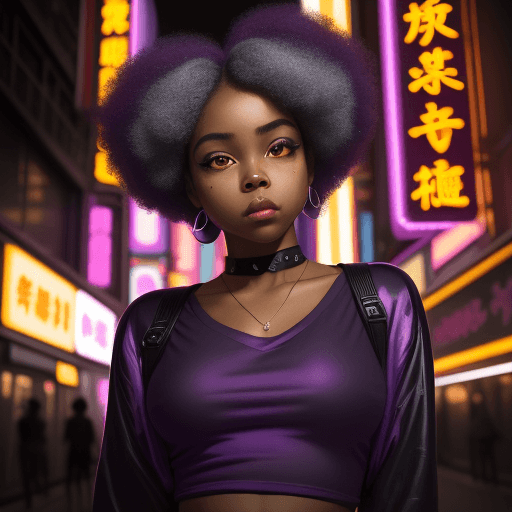 AI generated: a black girl in a purple top in a neon city, in the style of chinapunk, iconic album covers, soft-fo...