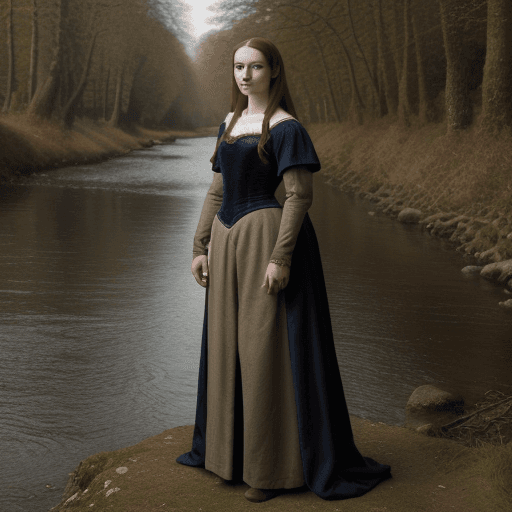 AI generated: A beautiful portait of a medieval woman, full body standing by the river in the forest