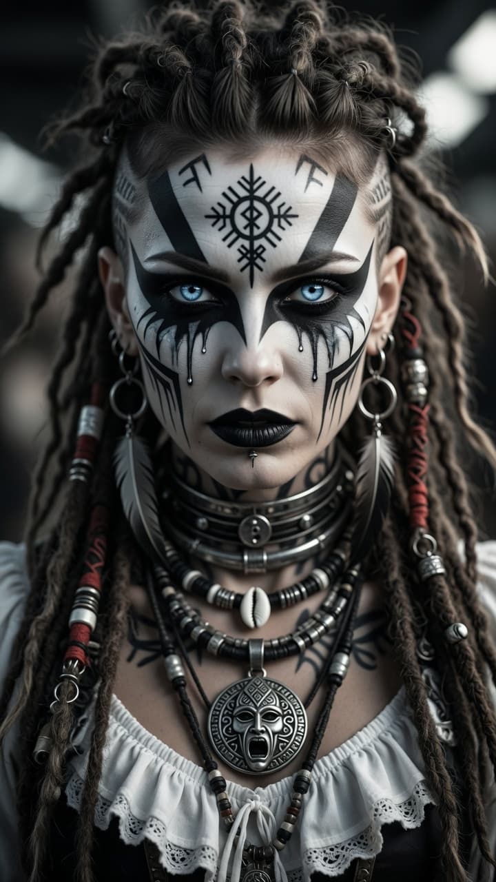 AI generated: A striking portrait of a fierce woman with intricate tribal gothic makeup, photographed on a Canon D...