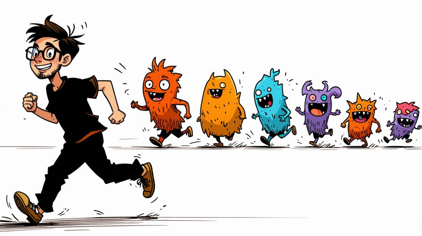 AI generated: A cartoon-style boy running and looking back, with a humorous expression, laughing with a face that ...