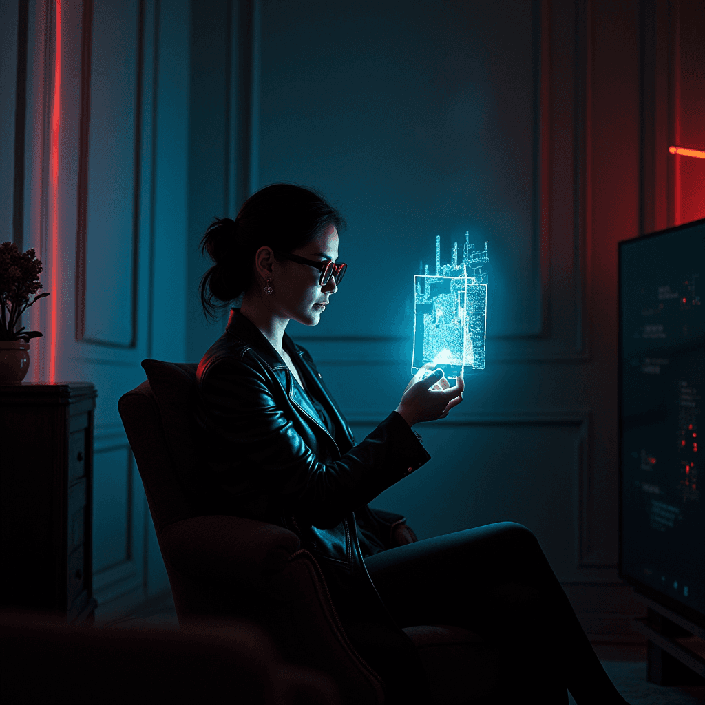 AI generated: Photograph a woman  alone, in a luxurious and eerie living room with dim lighting, where blue and re...