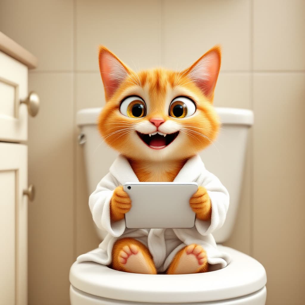 AI generated: A cartoon ginger cat, seated on a white toilet seat, is using a tablet. The cat is young, with large...