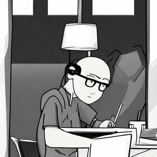 AI generated: high definition anime portrait of a developer man sitting at a desk writing code in a laptop, with h...