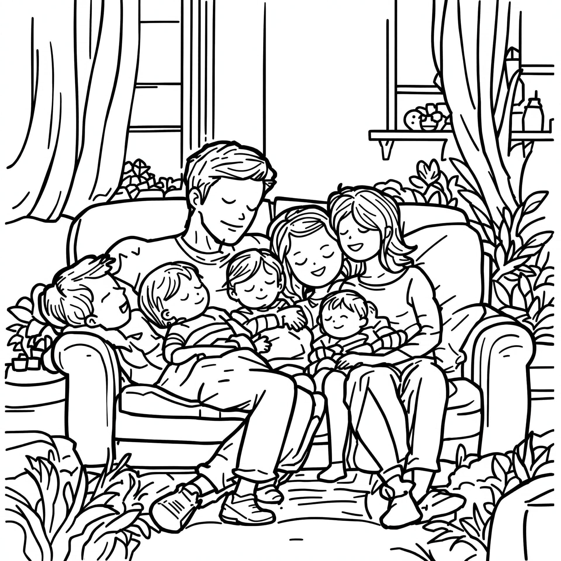 AI generated: High-resolution black-and-white line drawing of relaxation time: Include detailed elements such as f...