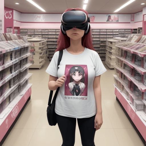 AI generated: female anime store owner with vr head standing in front of the store

.

