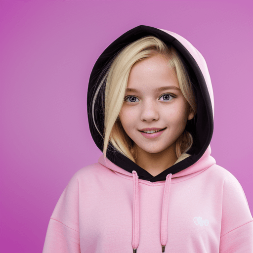 AI generated:  Masterpiece, best quality,cheerful girl with blonde hair, wearing pink hoodie, black background.