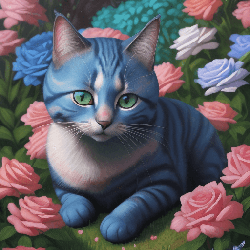AI generated: Una pintura de un gato con ojos azules sentado en un jardín de rosas, gato detallado, Arte detallado...