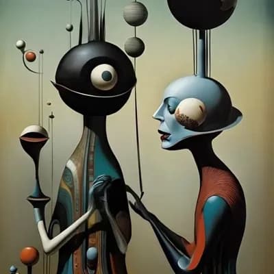 AI generated video: seres extraños intentando comunicarse por gestos y moviendo la cabeza , la esferas de arriban tambie...