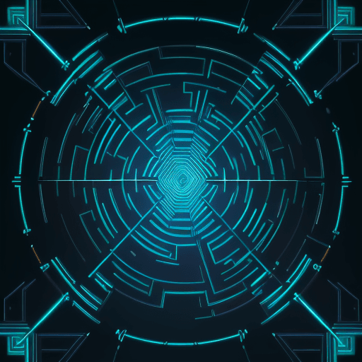 AI generated: A mesmerizing geometric maze pattern from above, gradient colors from deep purple to electric teal, ...