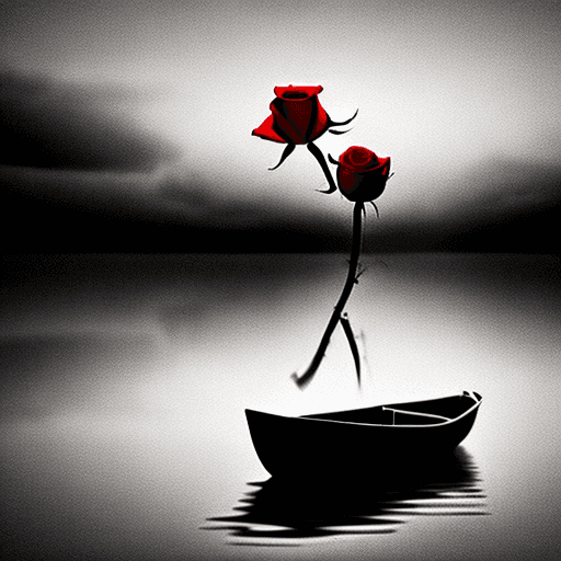 AI generated: a lonely rose in a boat floating in dark waters.
