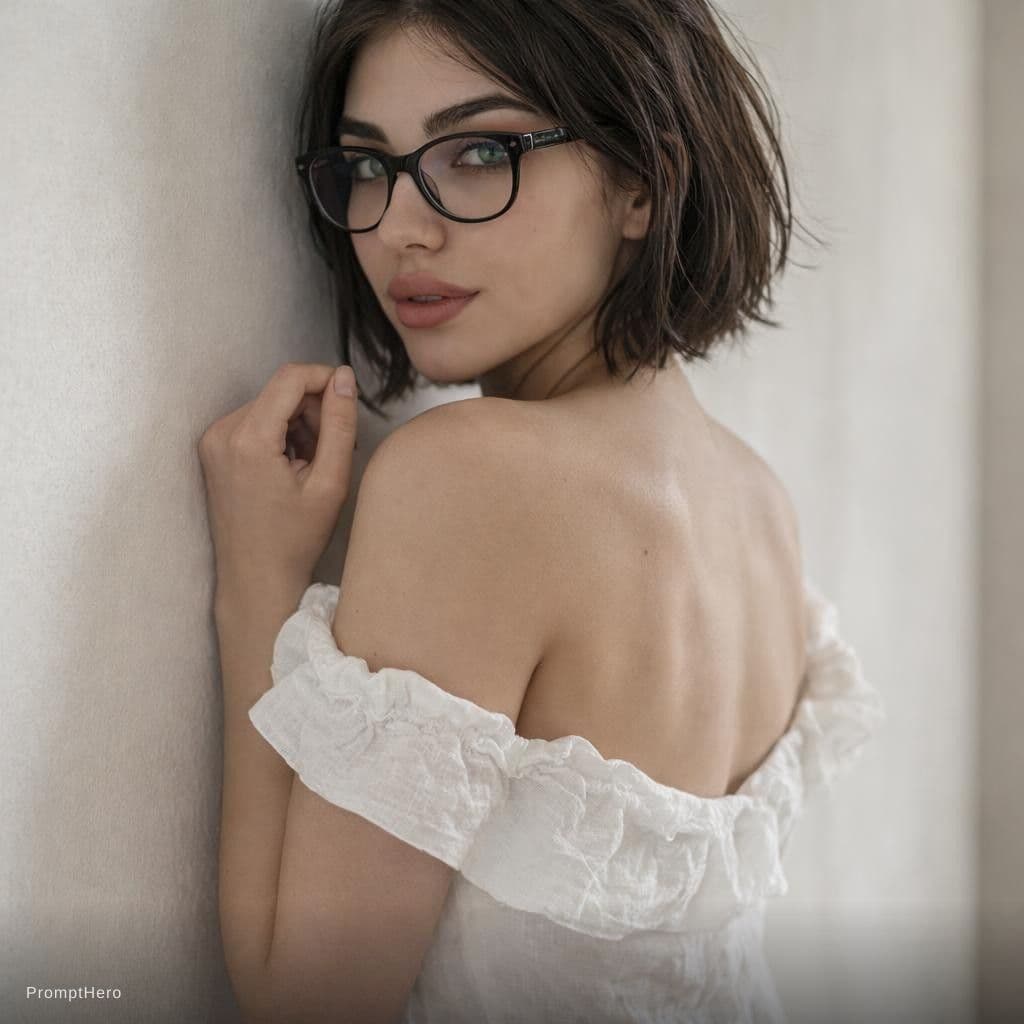 AI generated: A high-quality, candid-style indoor photograph from behind and slightly below of a young woman leani...