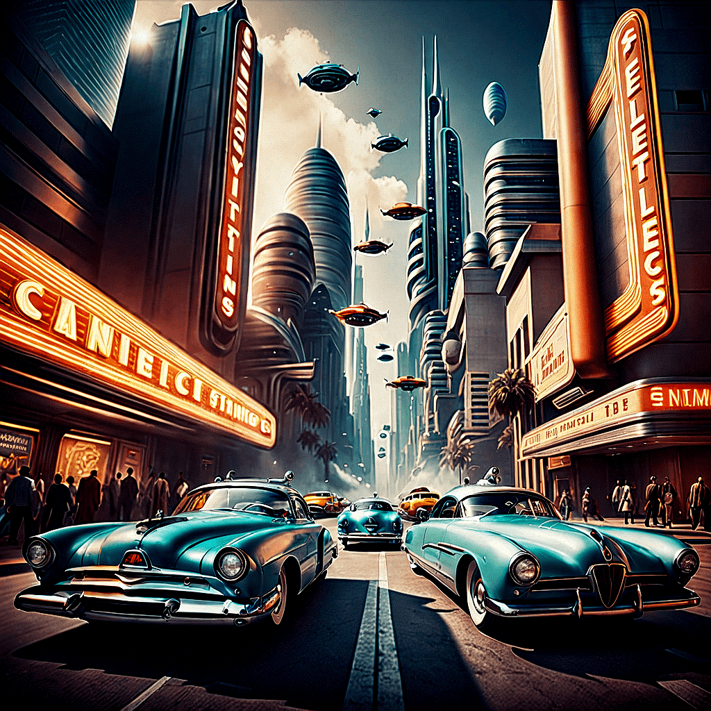 AI generated: Depict a retro-futuristic sci-fi city inspired by 1950s science fiction, with flying cars, art deco ...