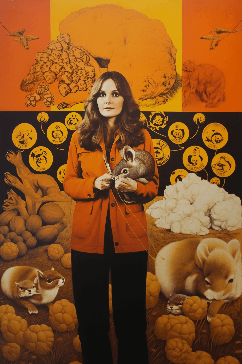 AI generated: A long shot of Patty Hearst holding a large morel mushroom while in the background is a poster featu...